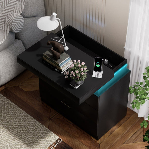 English Elm Nightstand with Built-in Charging Station Rgb Led Lighting and Sliding Top Drawer Black W1162P246397