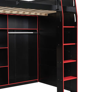 English Elm Full Size Loft Bed with Rgb Lighting Desk Open Wardrobe and Storage for Gaming Rooms Red LT000277AAR
