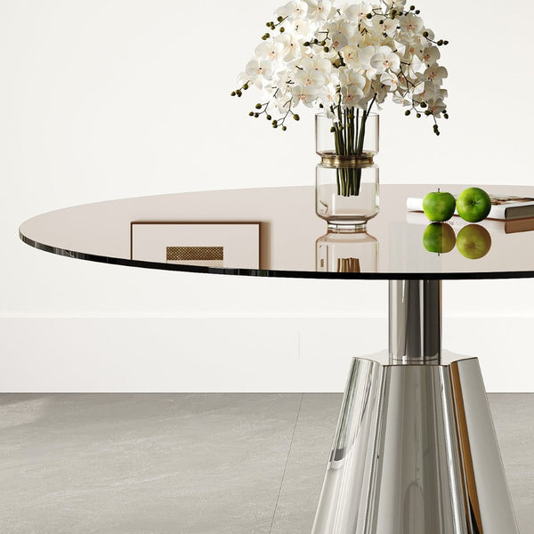 English Elm Compact Round Pedestal Dining Table Black Tempered Glass Mid-century Silver Base W2700S00080