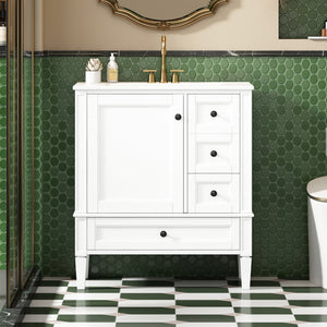 English Elm 30 30 Inch Bathroom Vanity with Ceramic Sink, Modern Compact 3-Drawer Storage Cabinet for Small Baths White N710P247499K