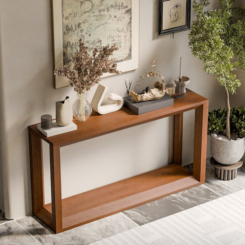 English Elm 60" Solid Wood Veneer Console Table Distressed Finish Four Pillar Base Entryway Living Room Dark Brown W1435P337643