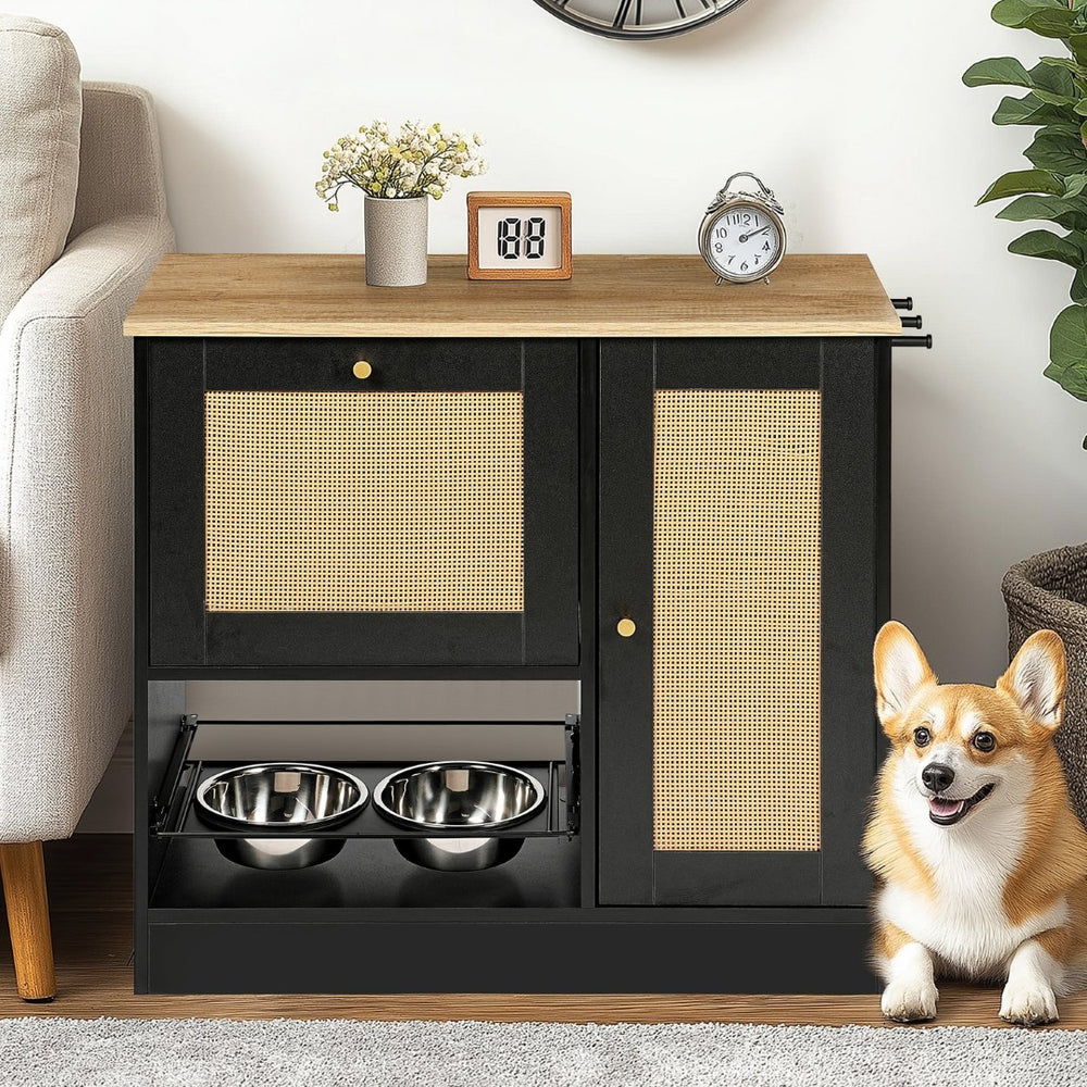 English Elm Feeding Station Cabinet with Rattan Door Elevated Bowls and Hooks for Tidy Pet Care W1687P246775
