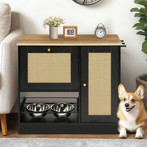 English Elm Feeding Station Cabinet with Rattan Door Elevated Bowls and Hooks for Tidy Pet Care W1687P246775