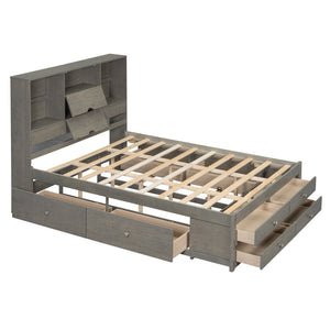 English Elm Queen Platform Bed Solid Pine Frame with Storage Headboard and Eight Organizer Drawers Gray GX000453AAE-1