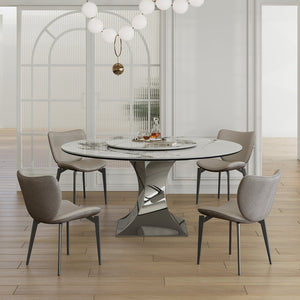 English Elm 59" Round Sintered Stone Dining Table Set With Stylish Black Titanium Base & 6 Padded Chairs For Luxury Dining W2700S00052