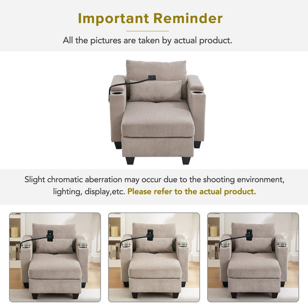 English Elm Convertible Chaise Lounge Sofa Chair & Bed - Corduroy With Usb Ports, Cup Holders & Storage Space N719S002021D