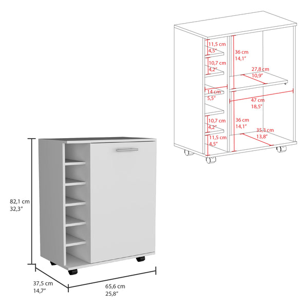 English Elm Wick White Bar Cart with Wine Rack, Cabinet Storage & Smooth Casters — Compact 25.8" Top Surface B200P188880
