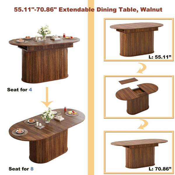English Elm 55.11"-70.86" Extendable Dining Table with Sculpted Striped Legs Seats Six in Modern Style Walnut W757P411745