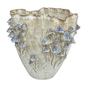 Black Forest Mushrooms Whimsical Ivory Vase with Blue Reactive Glaze - Handcrafted Ceramic Decor