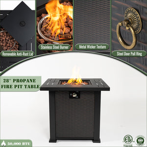 English Elm 28" 28inch Propane Fire Pit Table 50000 BTU Square Steel Outdoor Patio Table with Rocks Lid Black W853102853