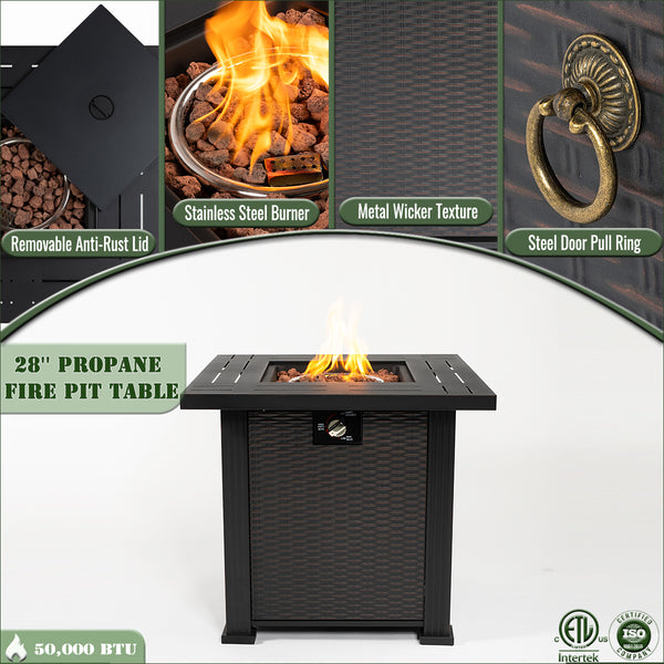 English Elm 28" 28inch Propane Fire Pit Table 50000 BTU Square Steel Outdoor Patio Table with Rocks Lid Black W853102853