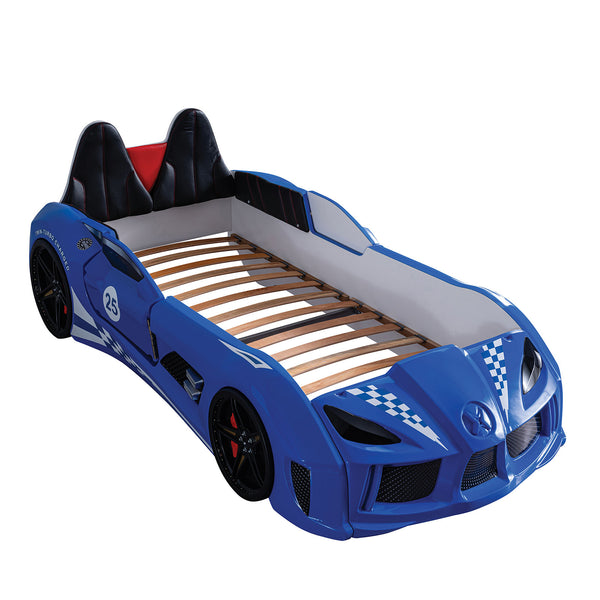 English Elm Twin Race Car Bed with LED Wheels, Magnetic Doors, Upholstered Headboard & Remote Music Fun - Blue Finish B2741S00501