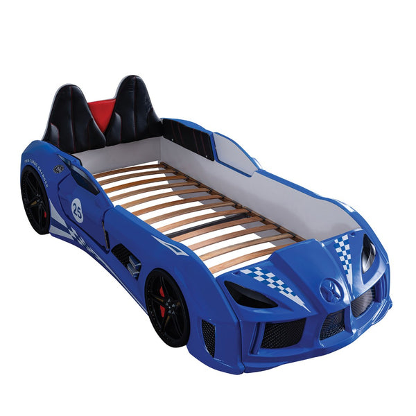 English Elm Modern Race Car Twin Bed with Led Lights Magnetic Doors and Leatherette Upholstery Blue B2741S00912