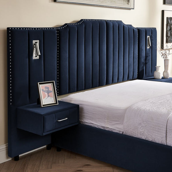 English Elm Queen Velvet Platform Bed with Tufted Headboard Integrated Nightstands and Striped Design Dark Blue W487S00442