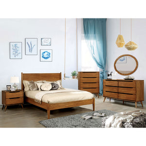 English Elm Mid-Century Nightstand with Solid Wood Construction, Tapered Round Legs, Recessed Pulls, 2-Drawer Stylish Bedside Table Oak 28 L x 21 W x 21 H B011P236773