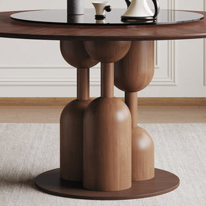 English Elm 59-inch Solid Oak Wabi-sabi Round Dining Set 6 Chairs Lazy Susan Japanese Craft W2700S00137