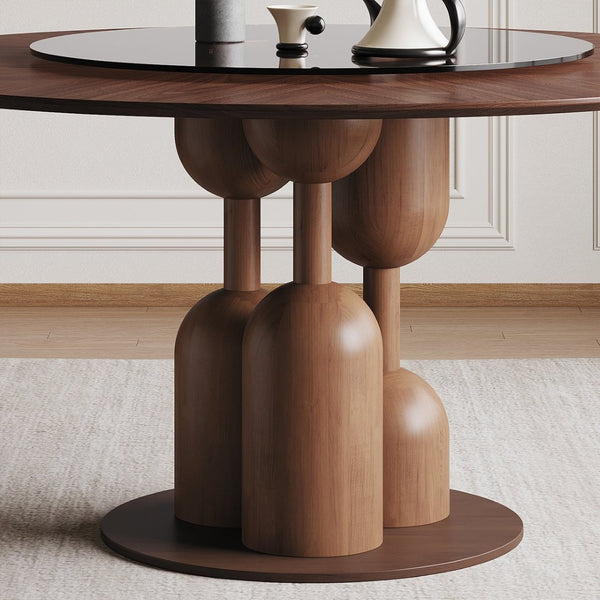English Elm 59-inch Solid Oak Wabi-sabi Round Dining Set 6 Chairs Lazy Susan Japanese Craft W2700S00137