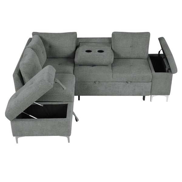 English Elm 88.2" L-shaped Sofa Bed with Storage Ottoman, Drop-Down Table, Dual Cup Holders & USB Charging Ports Gray N719S001830E