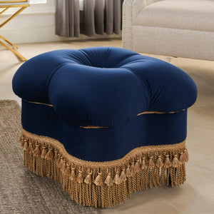 English Elm Jennifer Taylor Home - Ellen Navy Blue Velvet Clover Ottoman with Gold Bullion Fringe — Handcrafted, Sturdy, Luxe Seat B2719P238157