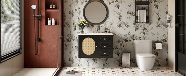 English Elm 30" Mid-Century Bathroom Vanity with Ceramic Sink, Rattan Accent, 2 Soft-Close Drawers, Large Storage Space N710P265954B