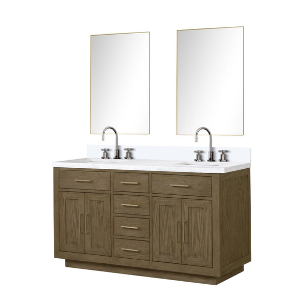 English Elm Grey Oak Double Bath Vanity 60 in. W x 22 in. D with White Quartz Top, Chrome Faucets & Dual Mirrors B2731S01797