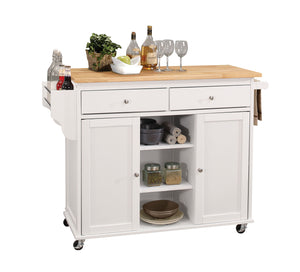 English Elm Tullarick Natural Wooden Top Kitchen Cart with White Finish, Locking Casters, 2 Doors, 2 Drawers, Spice Rack B2726P272328