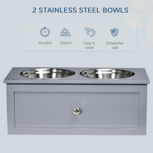 English Elm PawHut Elevated Dog Bowls with Hidden Storage Drawer, 2 Stainless Steel Bowls, Gray, Medium W2225P200774