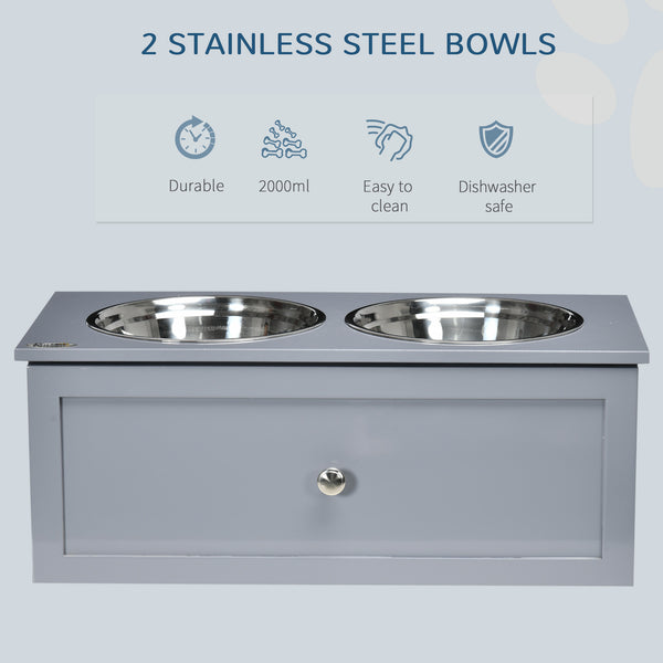 English Elm PawHut Elevated Dog Bowls with Hidden Storage Drawer, 2 Stainless Steel Bowls, Gray, Medium W2225P200774