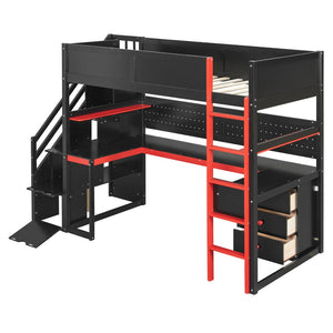English Elm Full Size Gaming Loft Bed with Led Lighting Desk Shelves and Usb Charging Ports N820S00070J