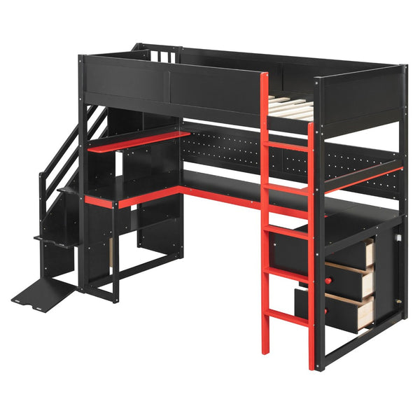 English Elm Full Size Gaming Loft Bed with Led Lighting Desk Shelves and Usb Charging Ports N820S00070J