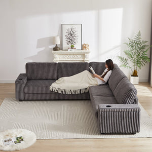 English Elm 110-Inch Oversized Corduroy Corner Sofa with Storage, USB & Cup Holders, Deep Plush Seating Comfort DARK GREY W834S00285