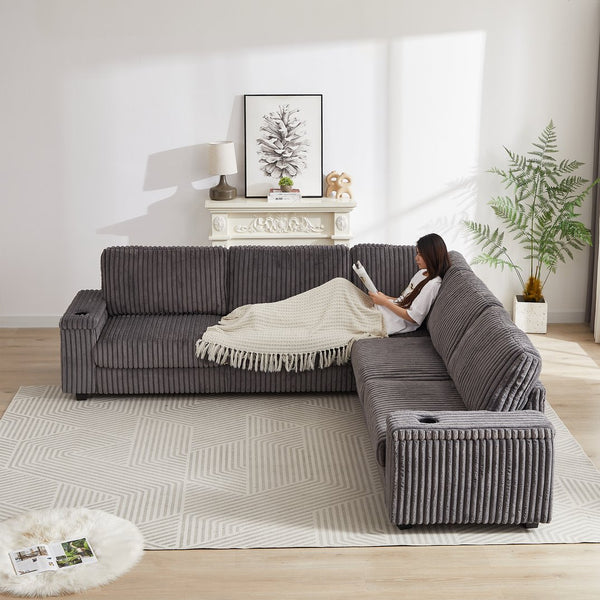 English Elm 110-Inch Oversized Corduroy Corner Sofa with Storage, USB & Cup Holders, Deep Plush Seating Comfort DARK GREY W834S00285