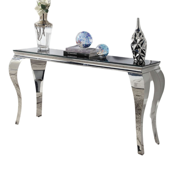 English Elm Glam Stainless Steel Coffee Table with Beveled Tempered Glass Top and Elegant Cabriole-Style Legs Black,Silver 59 L x 21 W x 4 H B011S01175
