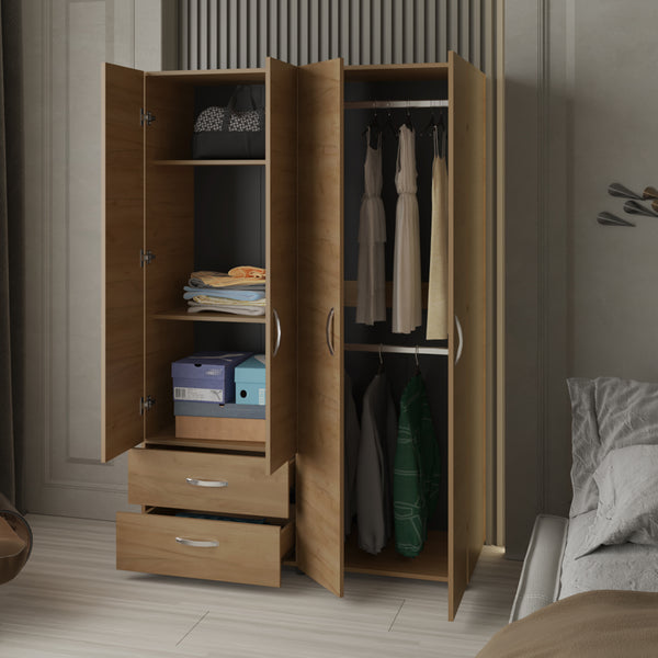 English Elm Crafton Rustic Armoire in Natural Oak Beige — Compact Engineered Wood Closet with Double Rods, Durable Finish B092S00298