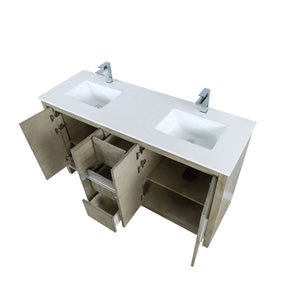 English Elm Rustic Acacia Double Bath Vanity 60" W With White Quartz Top & Chrome Faucet, Ample Storage Options B2731P259211-GIGA