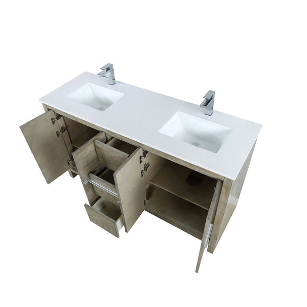 English Elm Rustic Acacia Double Bath Vanity 60" W With White Quartz Top & Chrome Faucet, Ample Storage Options B2731P259211-GIGA