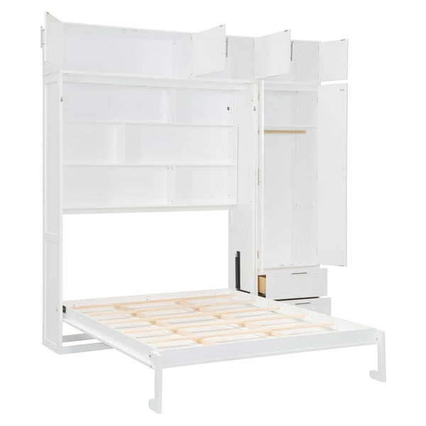 English Elm Queen Murphy Bed with Integrated Desk Cabinet Shelves Space Saving Studio Solution White N708S00022K-2