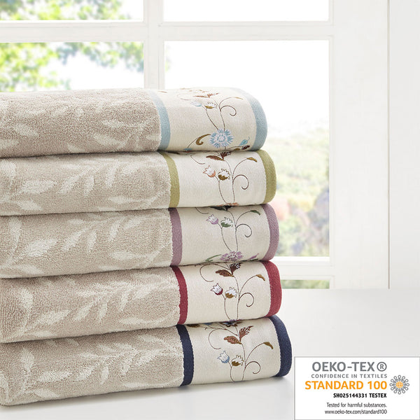 JLA Home Madison Park - Embroidered Cotton Jacquard Leaf & Floral 6-Piece Towel Set — Plush, Absorbent, OEKO-TEX Certified Elegance MP73-4968
