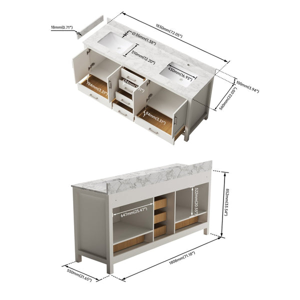 English Elm 71" Freestanding Double Sink Bathroom Vanity with Carrara Top and Soft-close Cabinet T3785P383046