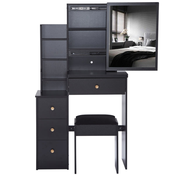 English Elm 29.2" Elegant Space-Saving Vanity Table Set With Stool & Sliding Mirror For Small Bedrooms & Apartments W936P202291