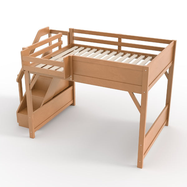 English Elm Twin Low Loft Bed Solid Pine Frame Kids Study Desk Blackboard Storage White Antique Natural W1580S00554