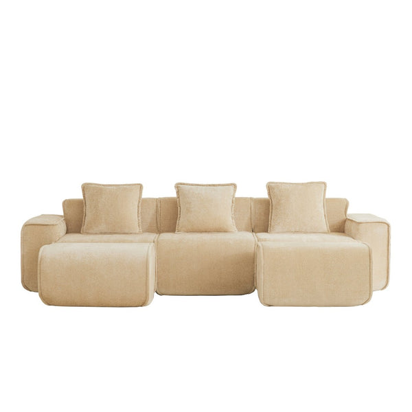 English Elm Streamlined Velvet U-shape Modular Sectional Sofa with Ottomans French Piping Cloud Foam Light Camel W3041S00353