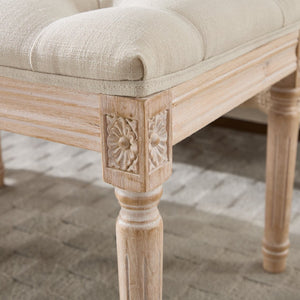 English Elm Bedroom Bench Linen Tufted Seat with Hand Carved Rubberwood Legs French Country Style W3244P500175