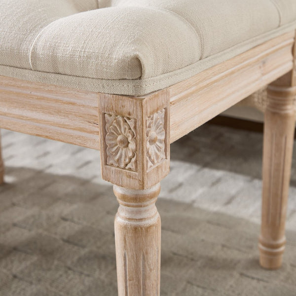 English Elm Bedroom Bench Linen Tufted Seat with Hand Carved Rubberwood Legs French Country Style W3244P500175
