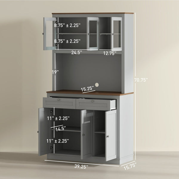 English Elm Convenient Floor to Ceiling Pantry Cabinet with Glass Doors Drawers and Microwave Stand T3971P428059