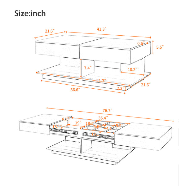 English Elm U-Can Extendable Coffee Table with Bluetooth 16-Color LED, Smooth Glide Top and Hidden Storage Space Black N724P290061B