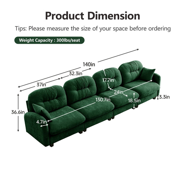 English Elm Four-Seater Modular Sectional Sofa in Green Chenille, Tufted Backrest, High-Density Foam Comfort, Customizable Layout W714S01401