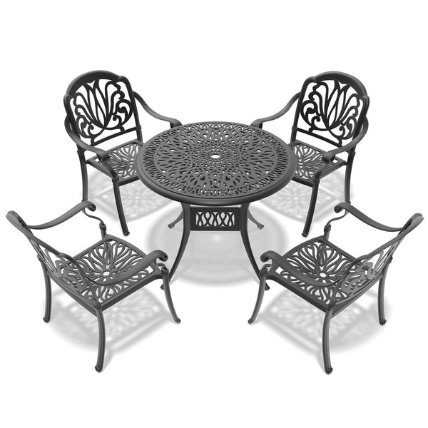 English Elm 5-piece Cast Aluminum Outdoor Dining Set with Floral Carved Chairs and Weather Resistant Cushions W1710S00544