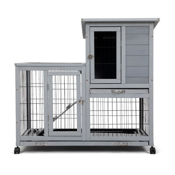 English Elm Detachable Two-tier Pine Rabbit Hutch with Rolling Casters and Removable Waste Trays White+Gray W2181P190614