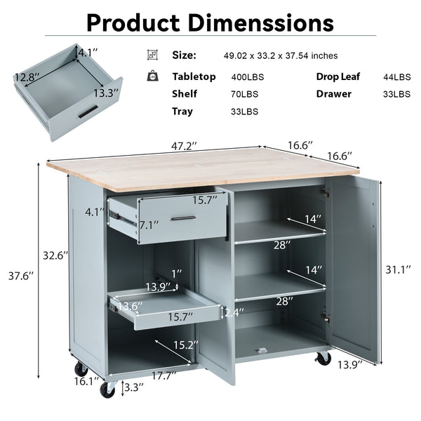 English Elm K&K Kitchen Island with Foldable Countertop, Spacious Mobile Storage Cart, Soft-Close Doors, Durable Rubberwood Top and Locking Wheels Grey-Blue N707P173036G